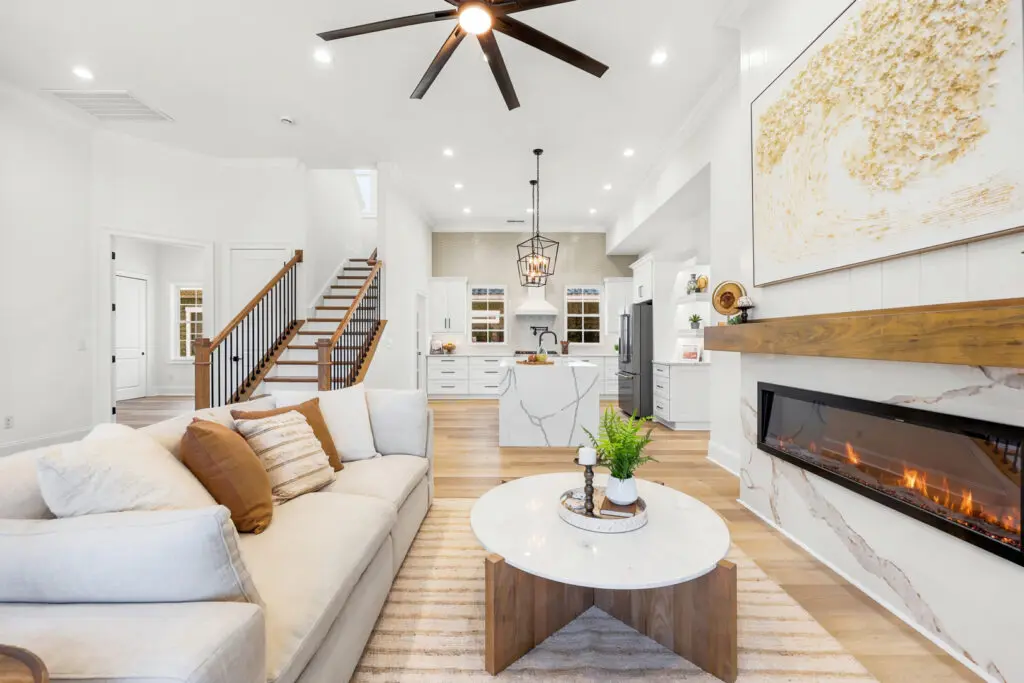 Bright, spacious living room showcasing retirement home features in a retirement community Myrtle Beach custom build.