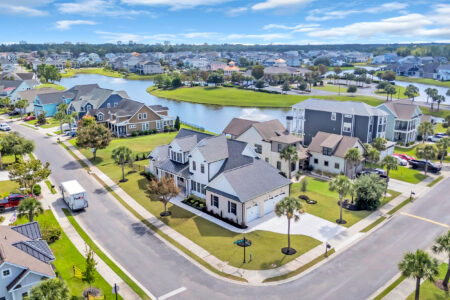 Aerial view of a custom home on the Grand Strand near Myrtle Beach, showcasing Swift Creek Homes' custom home building process from Pawleys Island to the North Carolina line.